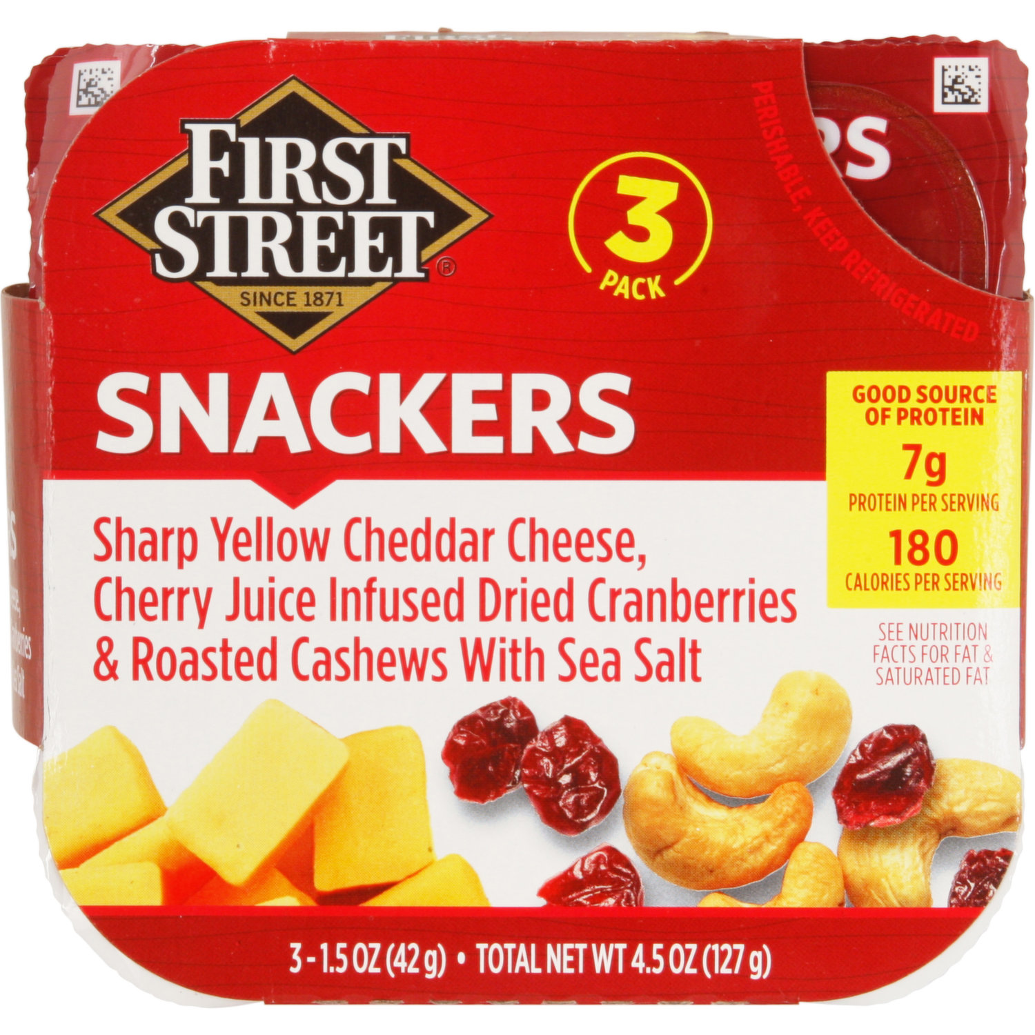 First Street Snackers, Cheddar Cheese, Dried Cranberries, Cashews 