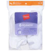 Hanes Socks, No Show, Cushioned, Size 5-9, 6 Each