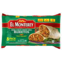 El Monterey Burritos, Mild, Beef & Bean Green Chili, Family Size, 8 Pack, 8 Each