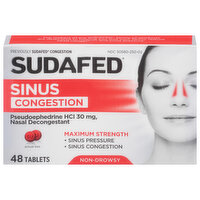 Sudafed Sinus Congestion, Non-Drowsy, Maximum Strength, 30 mg, Tablets, 48 Each