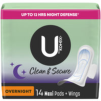 U by Kotex Clean & Secure Feminine Pads with Wings, Overnight Absorbency, Unscented, 14 Each