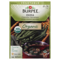 Burpee Seeds, Organic, Okra, Clemson Spineless, 5.5 Gram