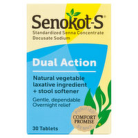 Senokot-S Laxative Ingredient + Stool Softener, Natural Vegetable, Dual Action, Tablets, 30 Each