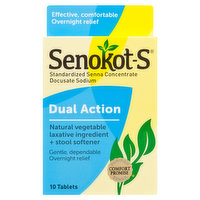 Senokot-S Laxative Ingredient + Stool Softener, Natural Vegetable, Dual Action, Tablets, 10 Each