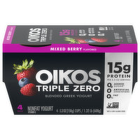 Oikos Triple Zero Yogurt, Greek, Mixed Berry Flavored, Blended, 4 Pack, 4 Each