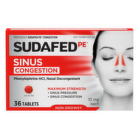 Sudafed PE Sinus Congestion, Non-Drowsy, Maximum Strength, 10 mg, Tablets, 36 Each