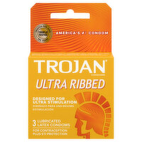 Trojan Condoms, Latex, Lubricated, Ultra Ribbed, 3 Each