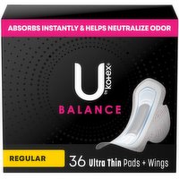 U by Kotex Balance Pads + Wings, Ultra Thin, Regular, 36 Each