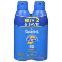 Coppertone Sport Sunscreen Spray, SPF 50, 4-in-1 Performance, 2 Each