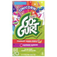 Go-Gurt Yogurt, Fat Free, Raspberry Rainbows/Strawberry Banana Sparkle, Unicorn, Value Pack, 20 Each