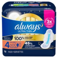 Always Always Ultra Thin Pads Unscented with Wings, Overnight Absorbency, Size 4, 13 Ct, 13 Each