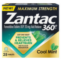 Zantac 360 Acid Reducer, Maximum Strength, 20 mg, Tablets, Cool Mint, 25 Each