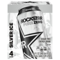 Rockstar Pure Zero Energy Drink, Sugar Free, Silver Ice, 4 Each