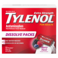 Tylenol Acetaminophen, Adults, Extra Strength, 500 mg, Packets, Berry Flavor, 32 Each