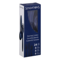 SENSATIONS Cutlery, Navy Blue, Plastic, Assorted, 24 Each