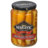 Mt Olive Majestic Picklery Pickles, Medium Heat Hot Sauce, Savory Kosher Dill Spears, Premium, 24 Fluid ounce