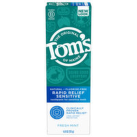 Tom's of Maine Toothpaste, Flouride-Free, Fresh Mint, Rapid Relief Sensitive, 4 Ounce