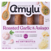 Amylu Chicken Sausages, Roasted Garlic & Asiago, 9 Ounce