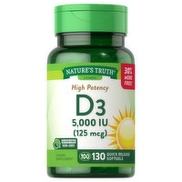 Nature's Truth Vitamin D3, High Potency, 125 mcg, Quick Release Softgels, 130 Each