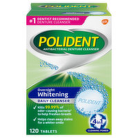 Polident Antibacterial Denture Cleanser, Overnight Whitening, Daily Cleanser, 120 Each