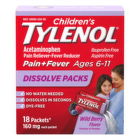 Tylenol Pain + Fever, Children's, 160 mg, Packets, Wild Berry Flavor, Dissolve Packs, 18 Each