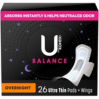 U by Kotex Balance Pads + Wings, Ultra Thin, Overnight, 26 Each