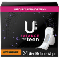 U By Kotex Teen Thin Feminine Pads with Wings, Overnight, Unscented, 24 Each