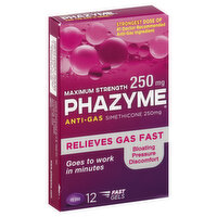 Phazyme Anti-Gas, Maximum Strength, 250 mg, Fast Gels, 12 Each