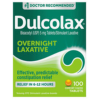 Dulcolax Laxative, Overnight, 5 mg, Comfort Coated Tablets, 100 Each