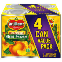 Del Monte Sliced Peaches, 100% Juice, Value Pack, 4 Each