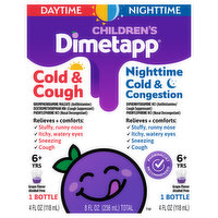 Dimetapp Cold & Cough, Cold & Congestion, Daytime/Nighttime, Children's, 6+ Yrs, Grape Flavor, 2 Each
