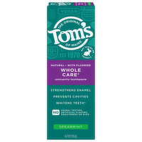 Tom's of Maine Whole Care Toothpaste, Anticavity, Spearmint, Natural, 4 Ounce