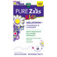 Vicks Pure Zzzs Melatonin+ Chamomile & Lavender, Snooze Berry Flavored, Kidz, Chewable Tablets, 60 Each