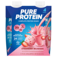 Pure Protein Protein Shake, Complete, Strawberry Milkshake, 4 Pack, 4 Each