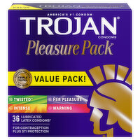 Trojan Condoms, Latex, Lubricated, Pleasure Pack, Value Pack!, 36 Each