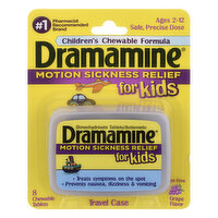 Dramamine Motion Sickness Relief, for Kids, Travel Case, Chewable Tablets, Grape Flavor, 8 Each