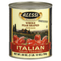 Alessi Tomatoes, Italian Peeled, Whole Pear Shaped, with Basil, 28 Ounce