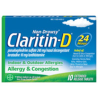 Claritin-D Allergy & Congestion, Indoor & Outdoor Allergies, 24 Hour, Extended Release Tablets, 10 Each