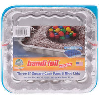 Handi-Foil Cake Pans & Blue Lids, Square, 8 Inch, 3 Each