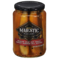 Mt Olive Majestic Picklery Pickles, Medium Heat Hot Sauce, Savory Kosher Dill Spears, Premium, 24 Fluid ounce