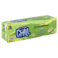 Super Chill Sparkling Water Beverage, Unsweetened, Lime Flavored, 12 Each