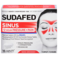 Sudafed Sinus, 12 Hour, Pressure + Pain, Caplets, 16 Each