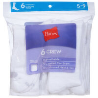 Hanes Socks, Crew, Cushioned, Shoe Size 5-9, 6 Each