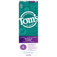 Tom's of Maine Toothpaste, Anticavity, Peppermint, Whole Care, 4 Ounce