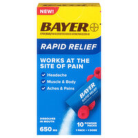 Bayer Pain Reliever, Rapid Relief, 650 mg, Raspberry Flavor, Powder Packs, 10 Each