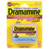 Dramamine Motion Sickness Relief, for Kids, Grape Flavor, Travel Case, Chewable Tablets, 8 Each