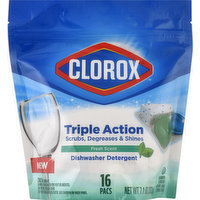 Clorox Dishwasher Detergent, Triple Action, Fresh Scent, Pacs, 16 Each