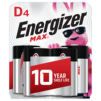 Energizer Max Batteries, Alkaline, D, 4 Each