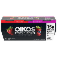Oikos Triple Zero Yogurt, Nonfat, Blended, Greek, Strawberry Flavored/Mixed Berry Flavored, 6 Pack, 6 Each