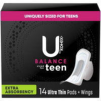 U By Kotex Teen Thin Feminine Pads with Wings, Extra Absorbency, Unscented, 14 Each